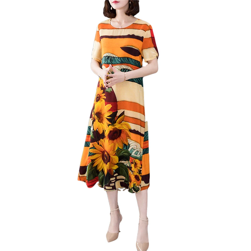 Имитирующие платья из натурального шелка женские платья с принтом летние новые модели с коротким рукавом размера плюс женские пляжные повседневные Костюмы