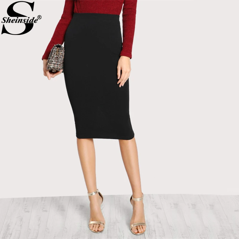 Online Sheinder moda Slit Back columna Lisa ceñido falda negro longitud de la rodilla media cintura elegante falda lápiz mujeres faldas de trabajo