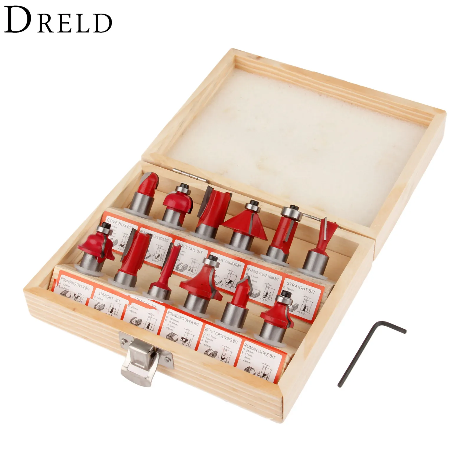 

DRELD 12Pcs 1/2" Inch (12.7mm) Shank Flush Trim Wood Router Bit Wood Milling Cutter DIY Woodworking Tools with Wooden Case