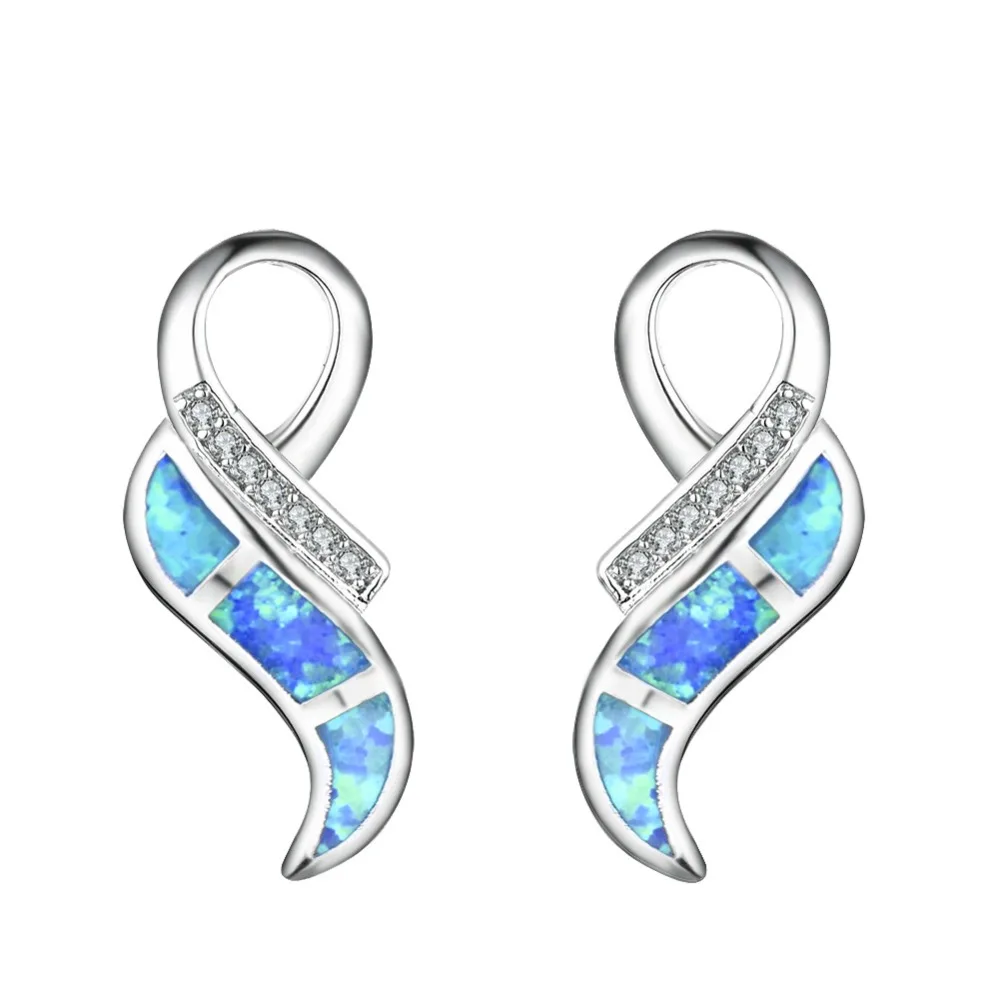 

Haimis Pretty White or Blue Fire Opal Wing Shaped Women Fashion Silver Plated Ear Stud Earrings