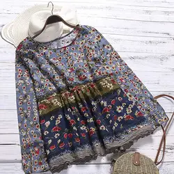 2019 ZANZEA вязаный крючком женский кружевной топ Boho Цветочный принт с круглым вырезом и длинными рукавами из хлопка и льна рубашка свободные