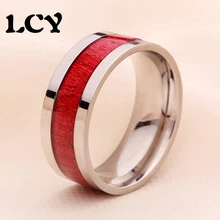 8mm Stainless Steel Fashion Ring Inlaid Red Wood 316L Environmental Protection Vintage Women Mens Jewelry Wedding Band Anillos