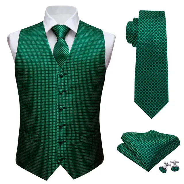 Green Suit Vest Men Paisley Waistcoat Plaid Silk Tie Handkerchief