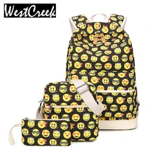 Set Casual Backpack Women 3D Smiley Emoji Face Printing Canvas Backpacks School Backbags for Teenage Girls Bagpack