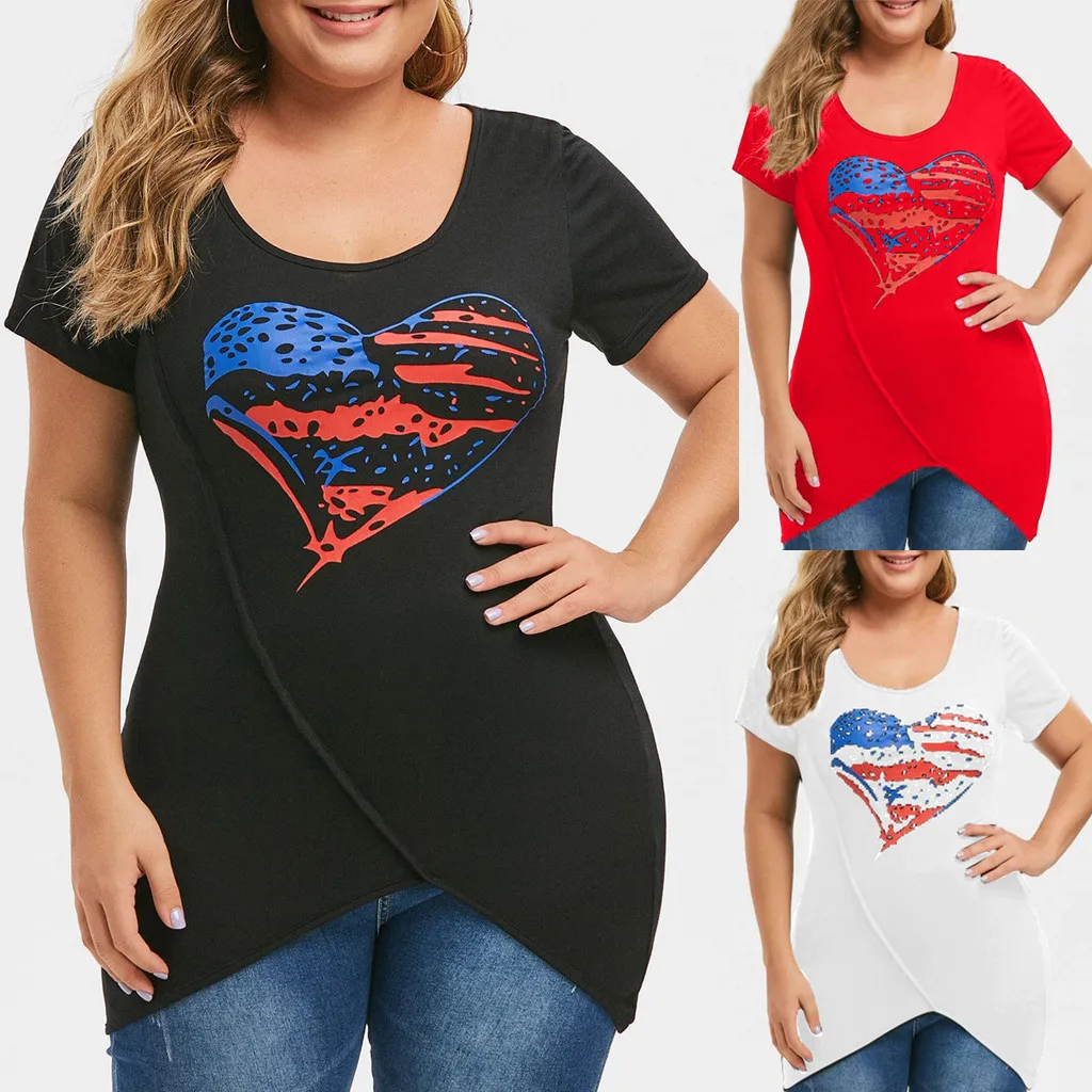 

2019 Tshirt Women Fashion Plus Size America Flag Print Asymmetrical Short Sleeve Tops Camiseta Mujer Top Women Harajuku T Shirt
