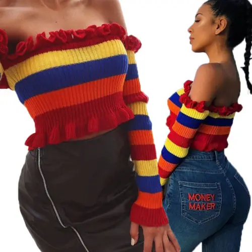 

Womens Knitted Rainbow Blouse 2018 New Fashion Frill Bardot Off Shoulder Summer Jumper Ribbed Crop Bandage Tops Blouse
