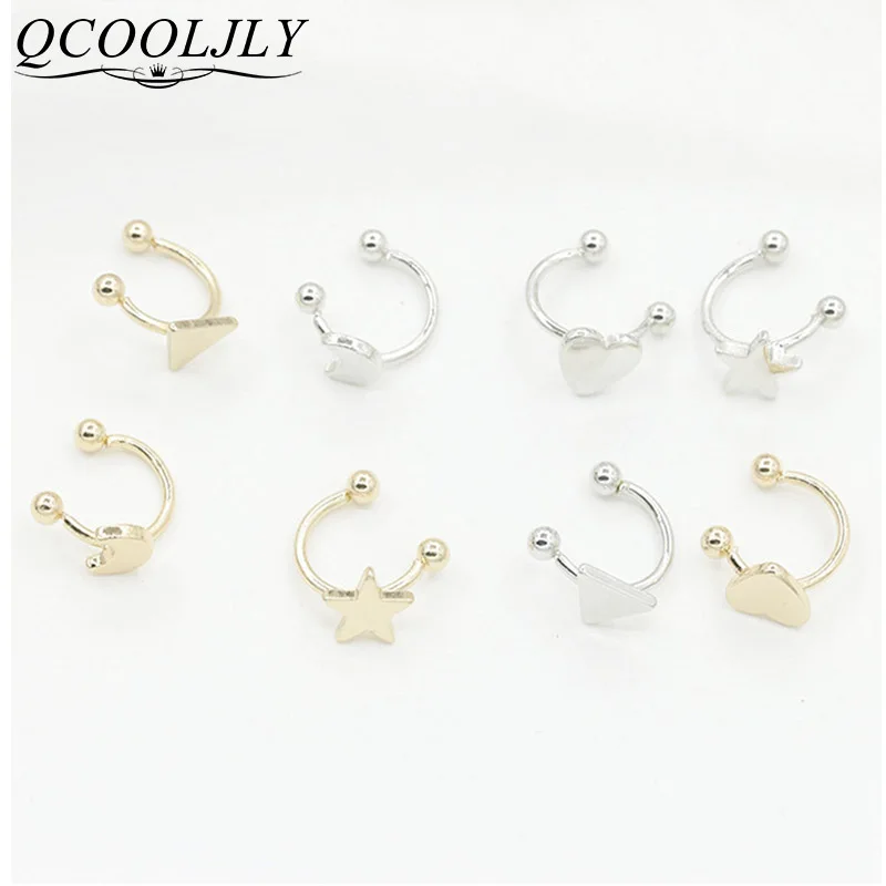 QCOOLJLY 1PC Fashion Gold Silver Color Moon Clover Star Heart No Pierced Earclips Small Earrings for Women Brincos Bijoux | Украшения и