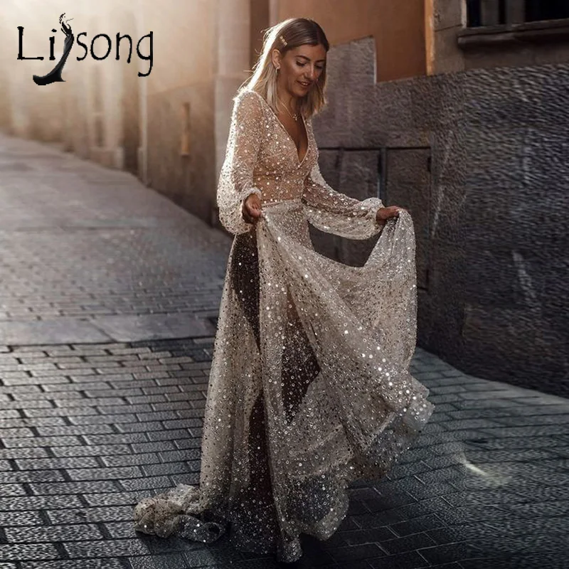 

2019 Abendkleider Sparkle See Thru Beaded Sequined Prom Dresses Sexy Backless Beaded Puff Full Sleeves Prom Gowns