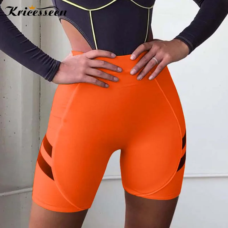 

Kricesseen Casual Orange Neon High Waist Skinny Shorts Womens Summer Fitness Sporty Wear Spliced Fluorescence Biker Shorts