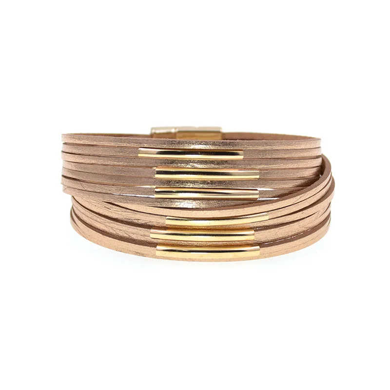 WELLMORE 10 Colors Fashion copper pipe charm Leather Bracelets For Women Men's wrap Bracelets Couples fashion Jewelry wholesale - Окраска металла: rose gold