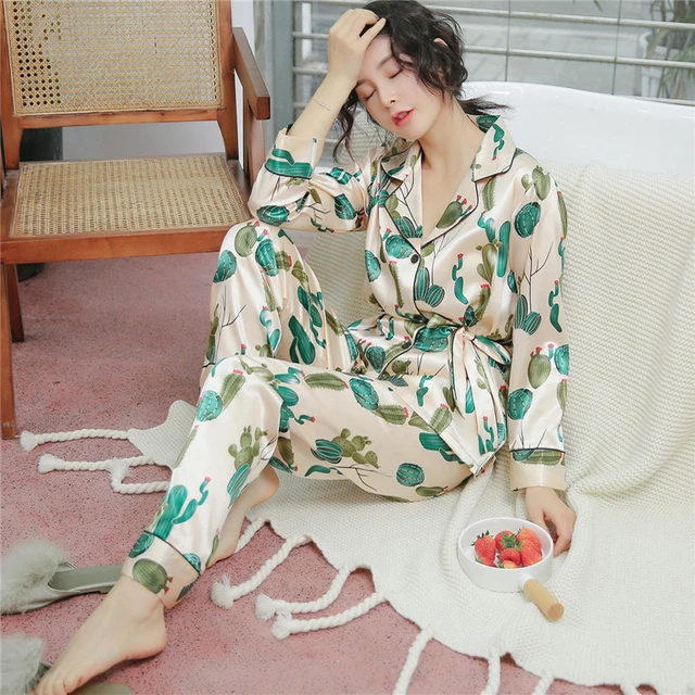 9 muster kaktus blume einfache satin pyjamas frauen langen ärmeln damen  pyjama sets hose druck nachtwäsche frauen hause tragen 972 _ - AliExpress  Mobile