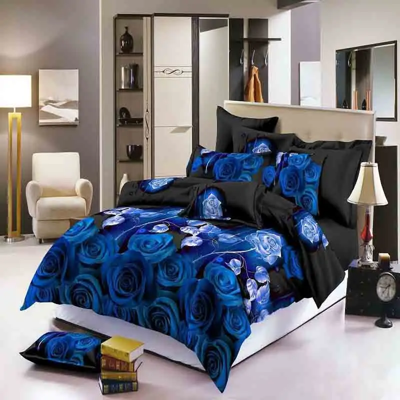 A Роскошный умный 3d постельный комплект, постельное белье 4 шт. набор постельного белья пододеяльник плоский лист домашний текстиль наволочка синяя Роза - Цвет: A