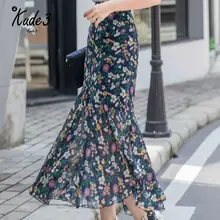 Летняя богемная длинная шифоновая юбка-труба для женщин, большие размеры, высокая талия, длина по щиколотку, оборки, тонкая юбка-Русалка с принтом на бедрах для девочек