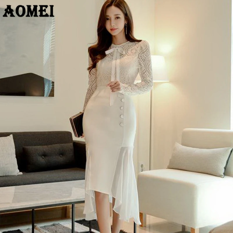 Women 2 Pieces Set White Lace Tops Slim Skirts Patchwork Chiffon ...