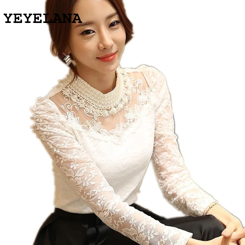 Acheter YEYELANA Femmes Blouses Nouveau 2018 Printemps Casual Dentelle Chemisier Élégant Col Claudine Blanc À Manches Longues Chemise blusas feminina A014