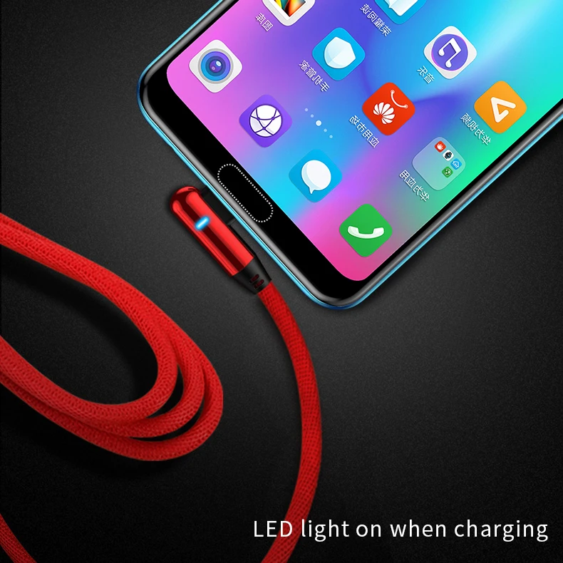 Светодиодный кабель usb type C на 90 градусов для iPhone Micro Quick Charge USB-C кабель для Xiaomi Redmi Note 7 для samsung S10 A50 Tipe-C