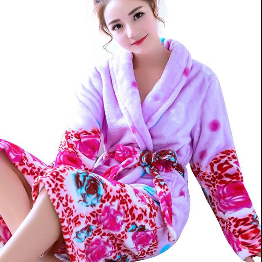 Women pajamas Long Bath Robe Coral Fleece Nightgown Women Winter Warm