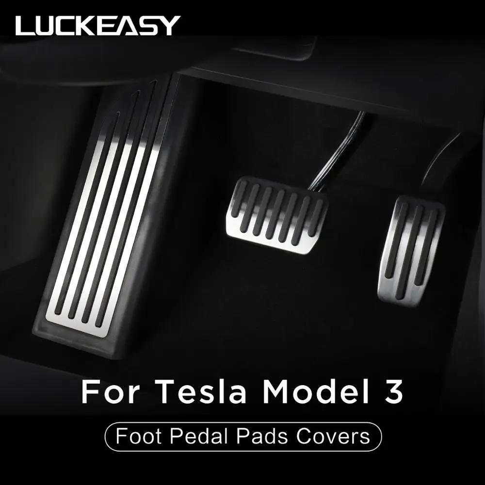 Comprar Almohadillas de Pedal de suelo de coche LUCKEASY cubre para Tesla modelo 3 almohadillas de Pedal de pie de rendimiento antideslizantes Auto cubiertas de Pedal de aluminio
