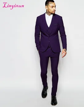

Linyixun Center Vent Grooms men Shawl Lapel Groom Tuxedos Purple Men Suits Slim Fit Wedding Best Man Blazer (Jacket+Pants+Vest)
