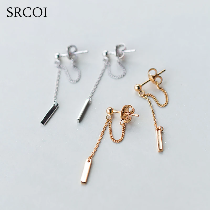 

SRCOI 925 Sterling Silver Bar Long Chain Earrings Minimalist Small Bead Balls And Link Ear Thread Drop Earrings Delicate Jewelry