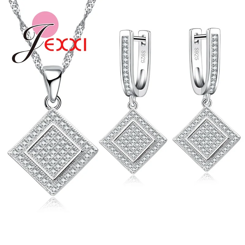

Geometric Stylish Square Pendant Necklace Earrings 925 Sterling Silver Woman Jewelry Set With Full Rhinestone Pave