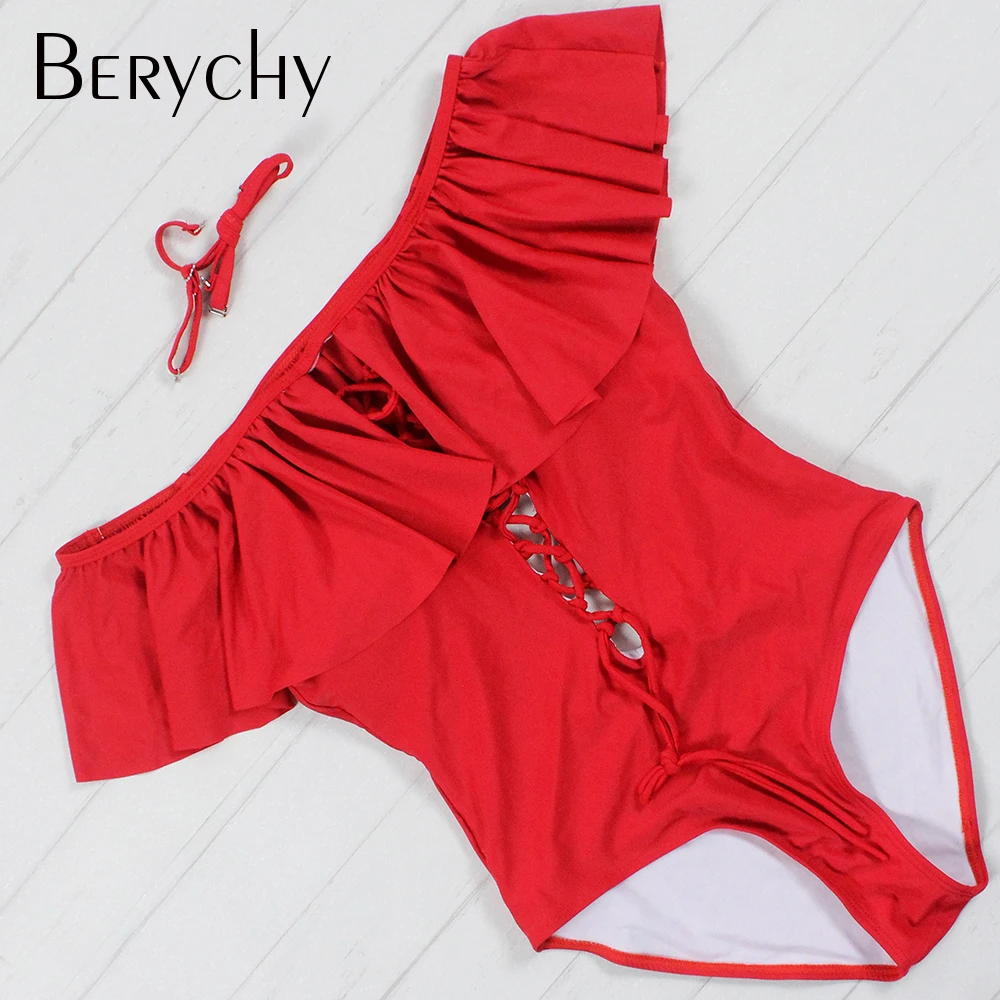 Berychy Для женщин Swimuit сексуальные купальники Off Shoulder Ruffle Пляжная боди Женский