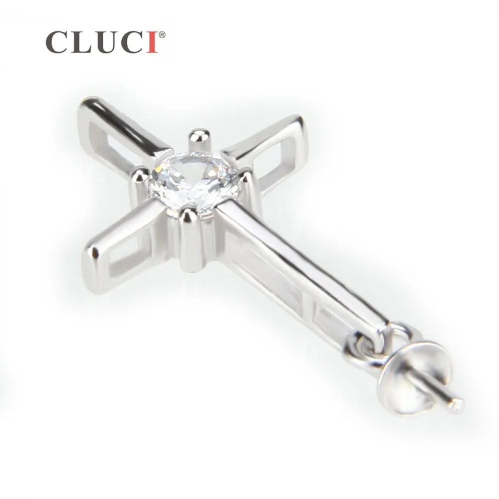 CLUCI Silver 925 Cross Shaped Pendant for Women Jewelry 925 Sterling Silver Pearl Pendant Mounting Zircon Cross SP011SB