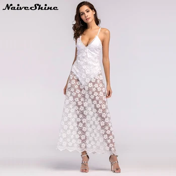 

Naive Shine Women's Elegant Beach Long Summer Dress Sleeveless Spaghetti Strap V-neck White Lace Sexy Party Dresses Vestidos
