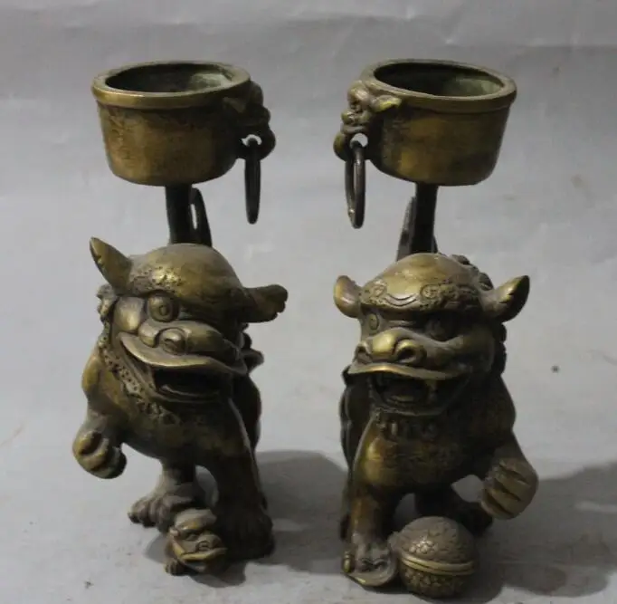 

S01108 Old Chinese Folk Classical Bronze Foo Fu Dog Lion Candlestick Holder Statue Pair (B0413)