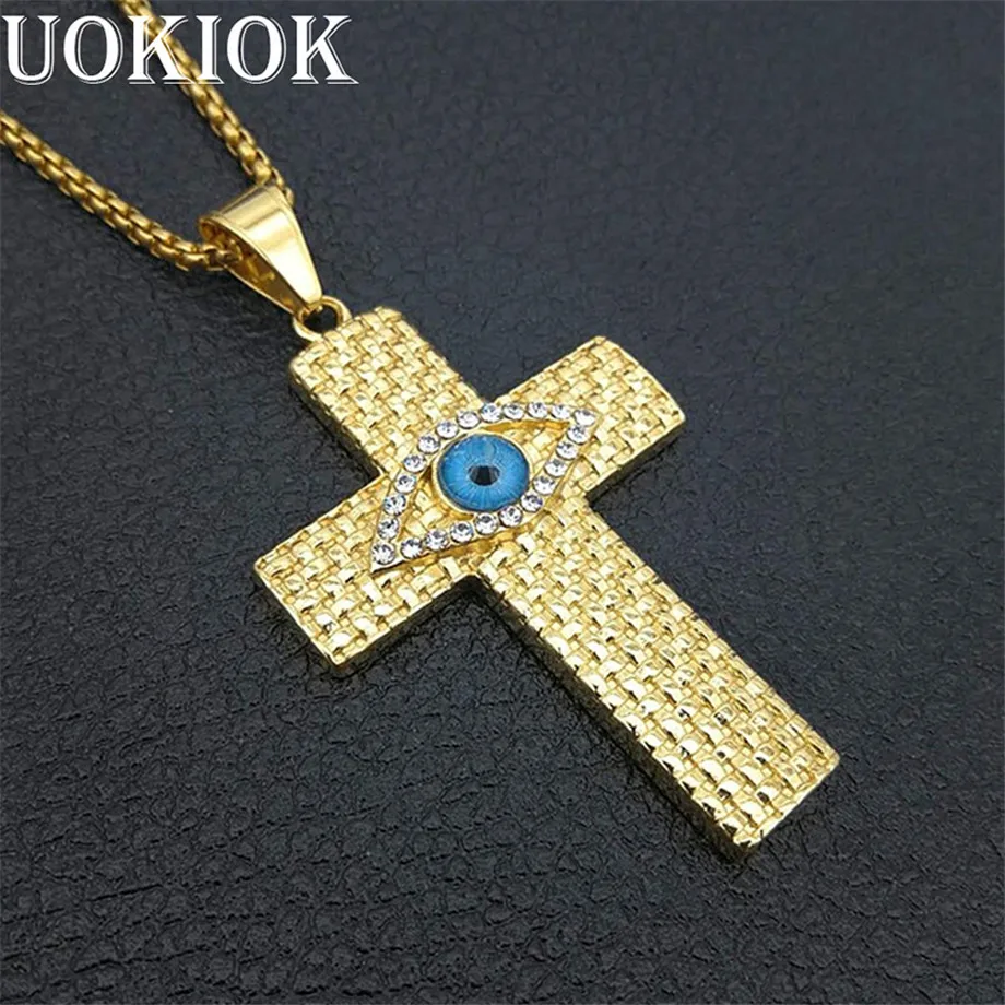 

Hip Hop Jewelry Egyptian Necklace New Arrival Eye Cross Pendant Rhinestone Stainless Steel Necklace Iced Out Chain Mens Gift