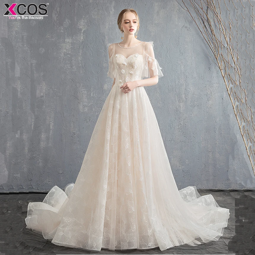 Mejorvendedor 2018 Nuevo Vestido De Novia Linea A Champagne Vestidos De Novia Corte Tren Apliques Personalizados Encaje Vestido De Boda May 2020