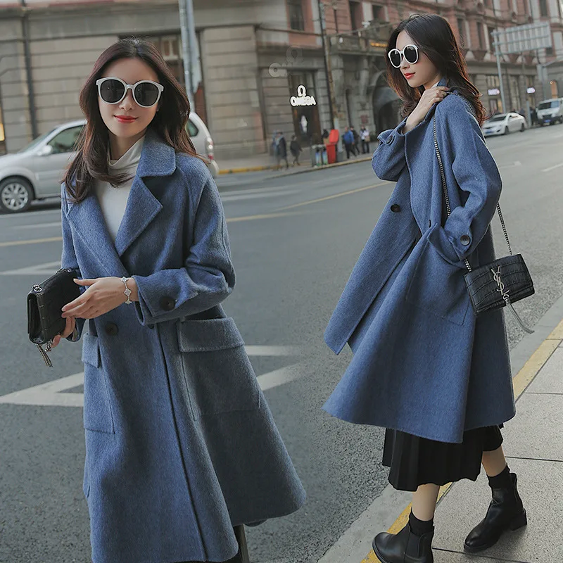 

2019 Spring Autumn New Women Korean Chic Temperament Suit Collar Women Woolen Coat Long Overcoat Smoky Blue
