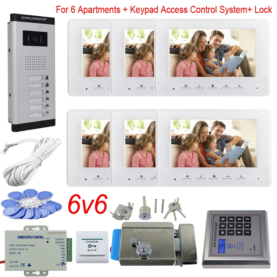 Access Control Keypad 6 Apartments Doorphone Call Panel Color 7\ Indoor Monitor Home Video Call + Electronic Door Lock System