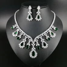2017 new fashion classic green water drop zircon necklace earring set wedding bride banquet dinner formal jewelry free shipping