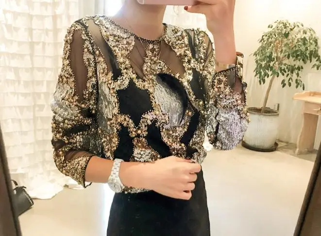 Женская Золотая блузка, сетчатый Блестящий пуловер с прозрачными бусинами, рубашка, топы с блестками+ жилет, приталенный, новинка, 2 цвета, A923