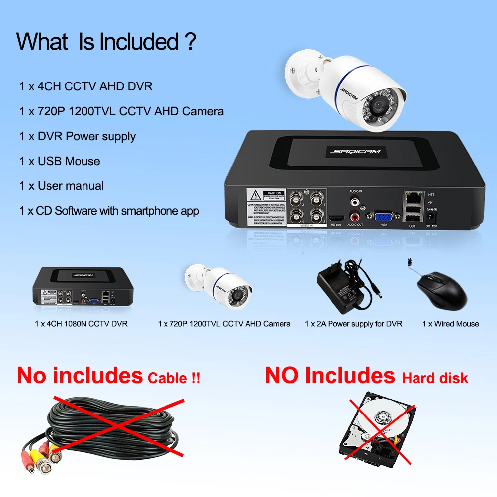 Saqicam 4CH 1080N DVR камера безопасности Система 1 шт. 720P 1200TVL IP66 Всепогодная камера Hi-resolution комплект домашнего наблюдения