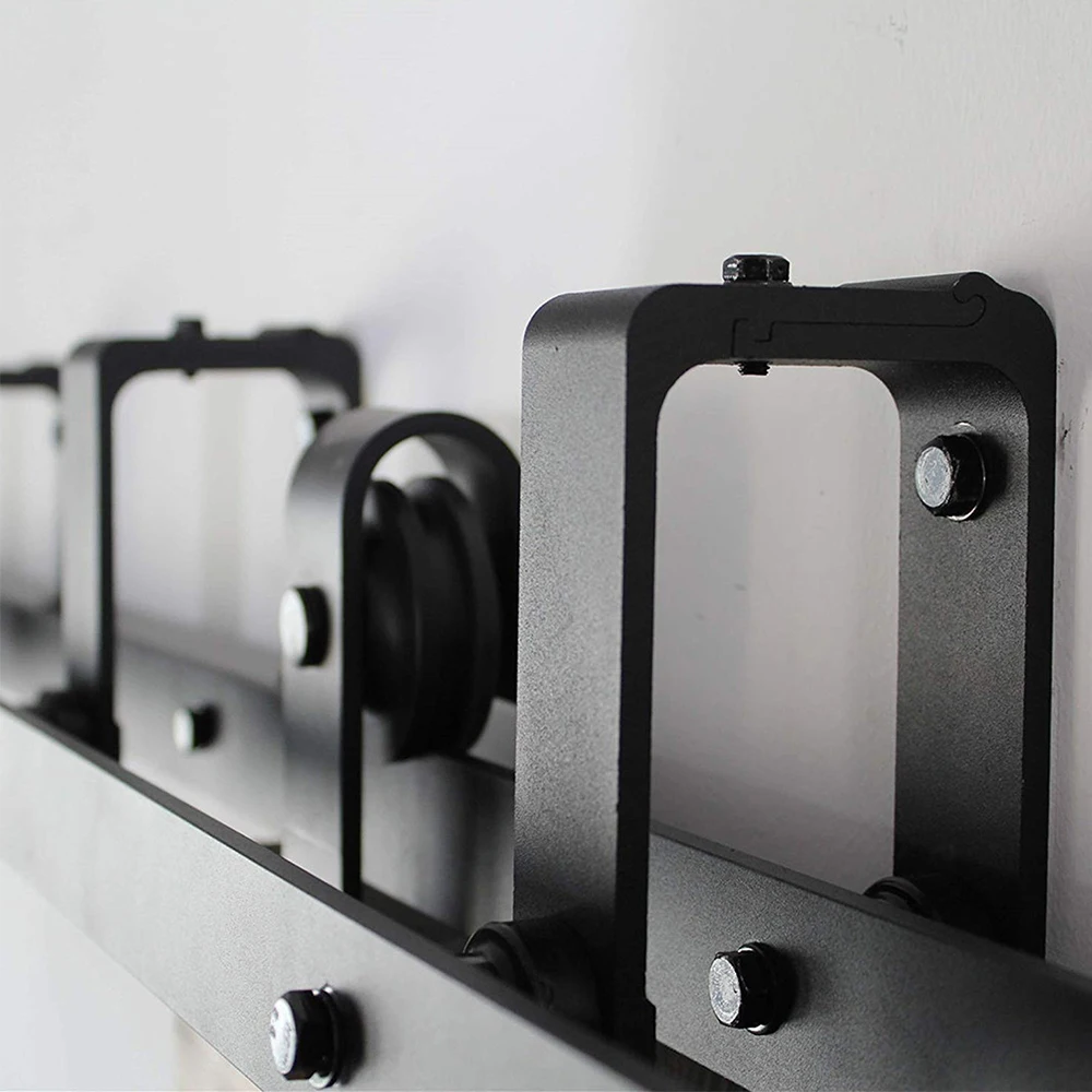 LWZH America Style Black Steel I- Shaped Rollers Track Rail Bypass Sliding Barn Door Hardware Kit for Bypass Barn Double Door