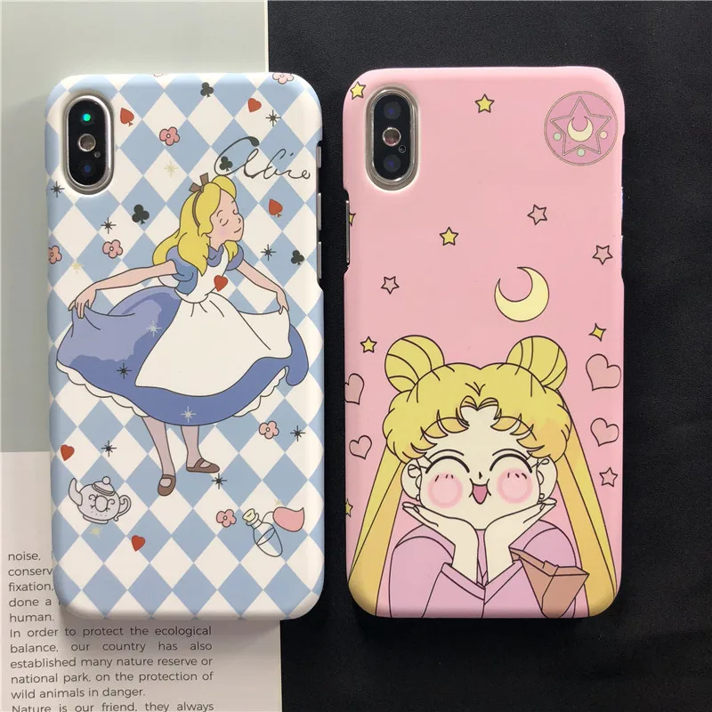 

Stylish Sailor Moon Alice IMD Phone Case Matte PC Hard Half Cover Pink Casing For iPhoneX 8 6s 7plus Skinny Shell Protection