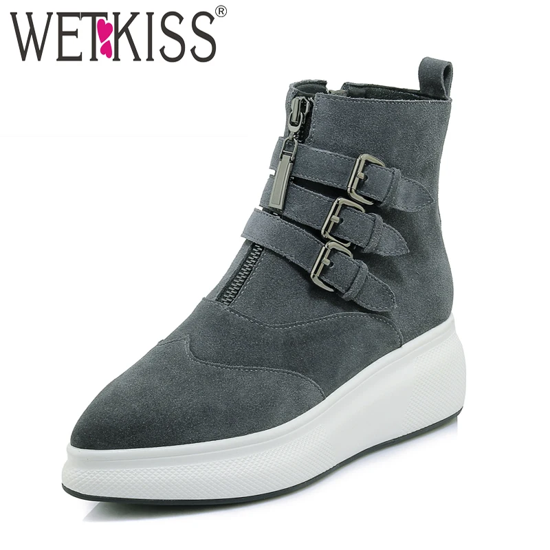 

WETKISS Winter Cow Suede Women Ankle Boots Zip Pointed Toe Footwear Fashion Casual Female Boot Platform Shoes Woman 2018 New