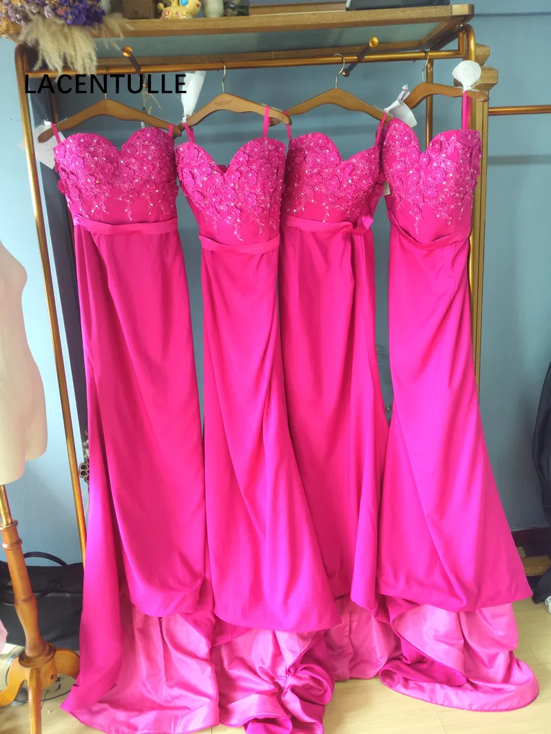 

Sleeveless Long Bridesmaid Dress Floor Length Sweetheart Neckline Fuchsia Wedding Party Dress