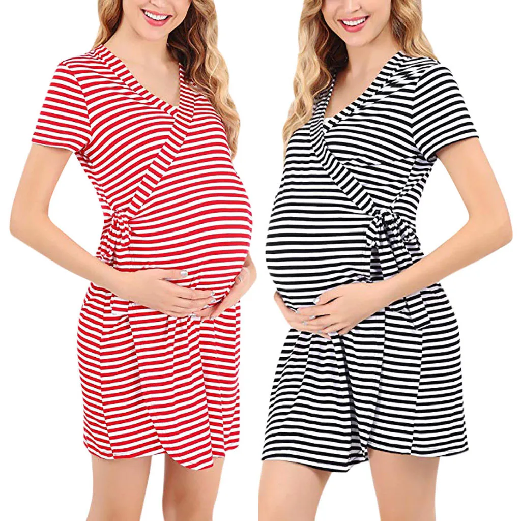 

Pregnancy Clothing Nursing Pajamas Dress Fashion Striped Short Sleeve Breast Milk Feeding Dress