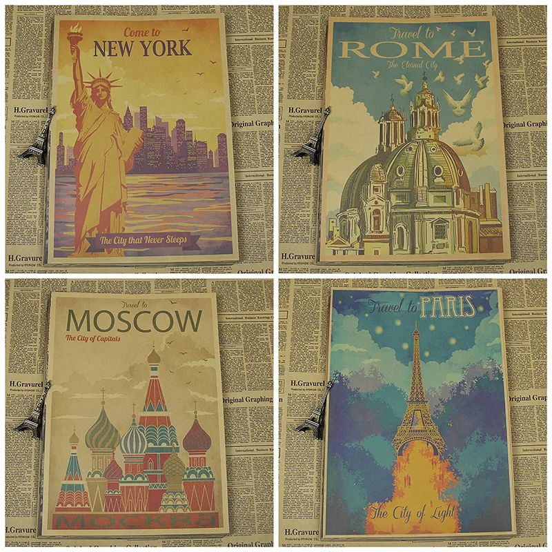 

Rome, Moscow, New York, Paris, Statue of Liberty, landscape posters, retro decorative paintings of kraft paper/wall sticker