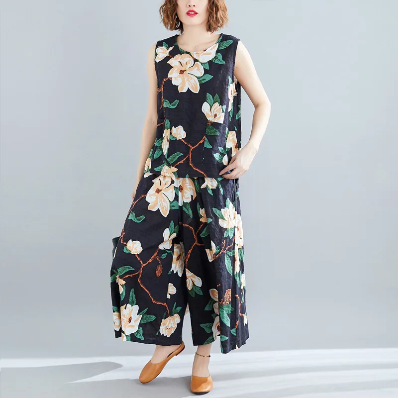 

Johnature 2019 New Summer Two Piece Set Sleeveless Casual O-neck Pullover Elastic Waist Print Ankle-length Pants Women's Sets