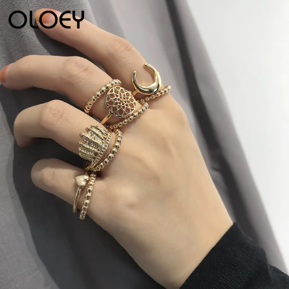 

OLOEY Bohomian Women's Rings 9Pcs/set Fashion Punk Ring Female Retro Heart-Shaped Meniscus Finger Rings Knuckle Jewelry Gifts