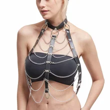 Сексуальный женский жилет грудь цепь ремень из металла и кожи Дамская Униформа эротическое искушение нижнее белье бальный танец живота ночной клуб