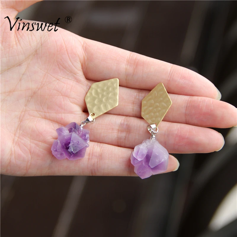 

2019 Fashion Statement Irregular Amethysts Natural Stone Earrings for Women Metal Dangle Earrings Handmade Girl Jewerly 1Pair