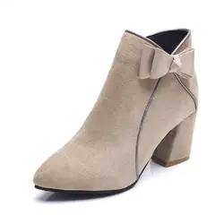 2018 г. осень-зима, новые женские ботинки с острым носком, на высоком толстом каблуке, с боковой молнией, бежевые, 0219