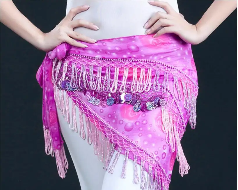 Egyptian Belly Dance Hip Scarf Wrap Waist Belt Tassel Sequins Rose Red