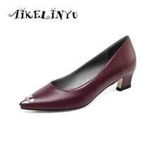 AIKELINYU Women Cow Leather Shoes Autumn Genuine Leather Slip-On Shoes Woman Black Heels Pointed Toe Womens Pumps Big Girl Shoes 2017new big size 33 42 genuine leather womens shoes wedges pointed toe high heels women office