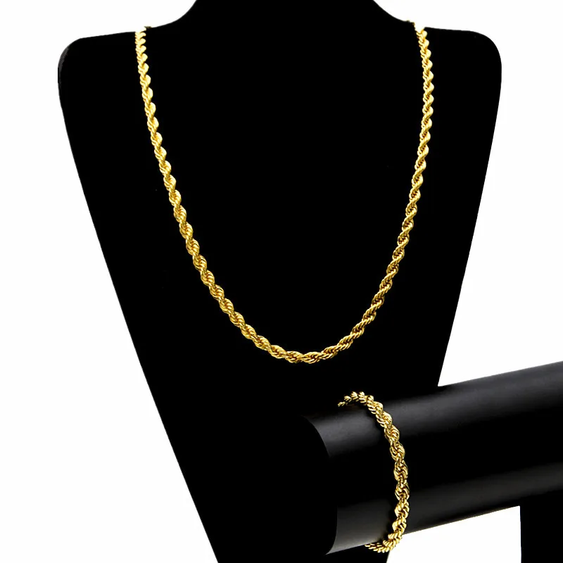 

Pure Gold Color Long Necklaces for Men Women 3/4/5mm Twisted Chain Link Necklace Collier Choker Wedding Bridal Jewelry 20-30inch